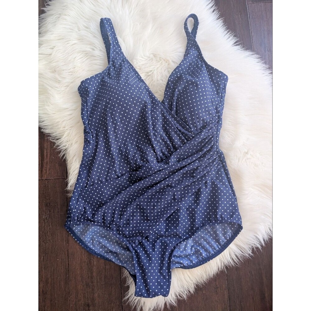 Miraclesuit Navy with White Polka Dot One-Piece Swimsuit Estimated XL